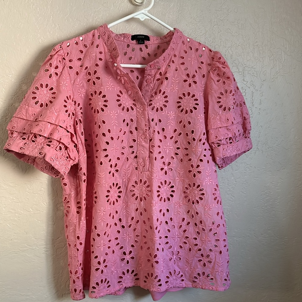 J crew eyelet pink blouse size large EUC